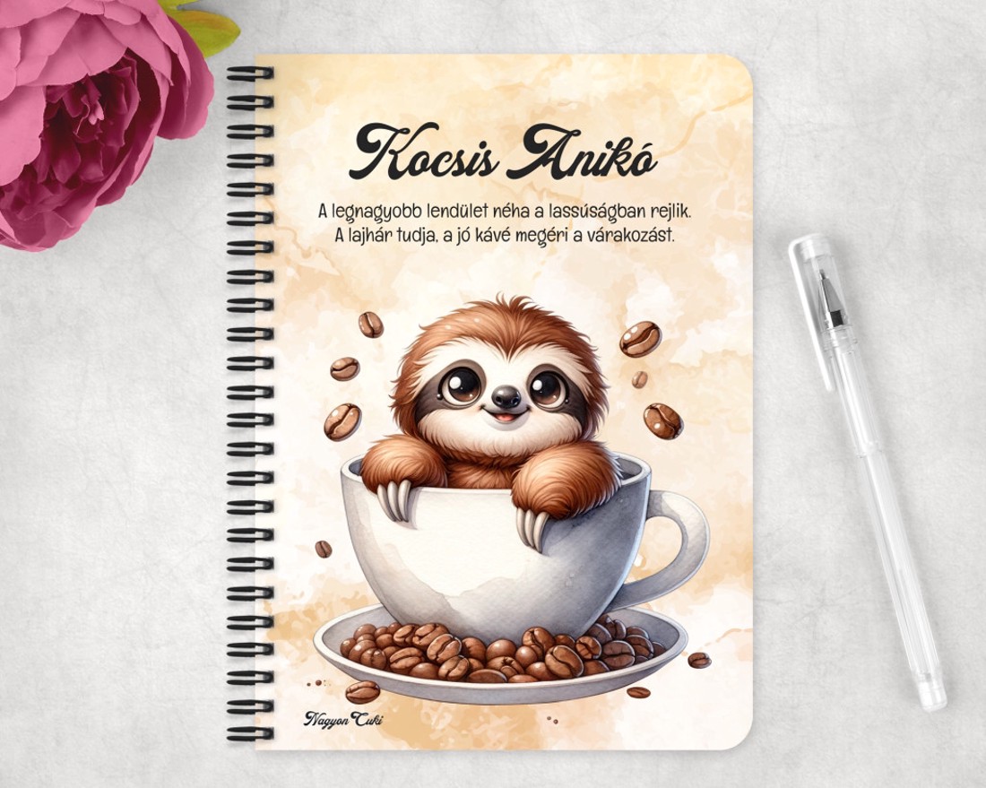 Személyre szabható - Mosolygós Kávés lajhár mintás A6-os füzet - otthon & életmód - papír, írószer - jegyzetfüzet & napló - Meska.hu