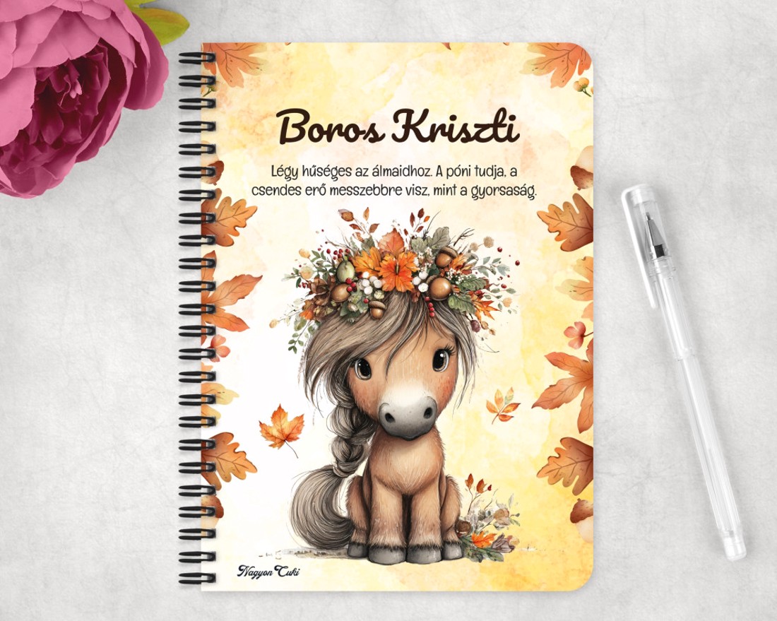 Személyre szabható - Cuki őszi virágkoszorús póni mintás A5-ös füzet - otthon & életmód - papír, írószer - jegyzetfüzet & napló - Meska.hu