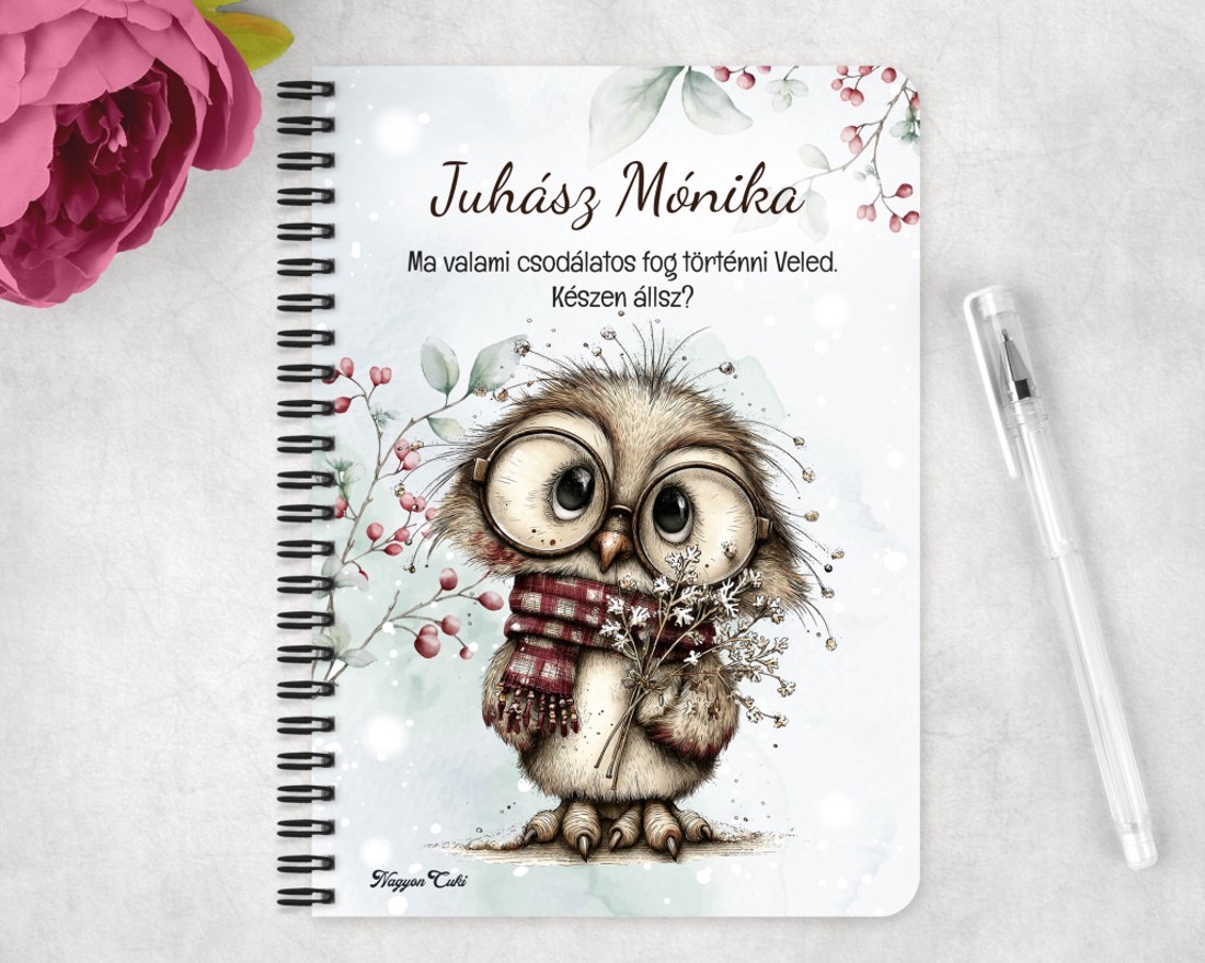 Személyre szabható - Cuki téli bagoly szemüvegben mintás A6-os füzet - otthon & életmód - papír, írószer - jegyzetfüzet & napló - Meska.hu