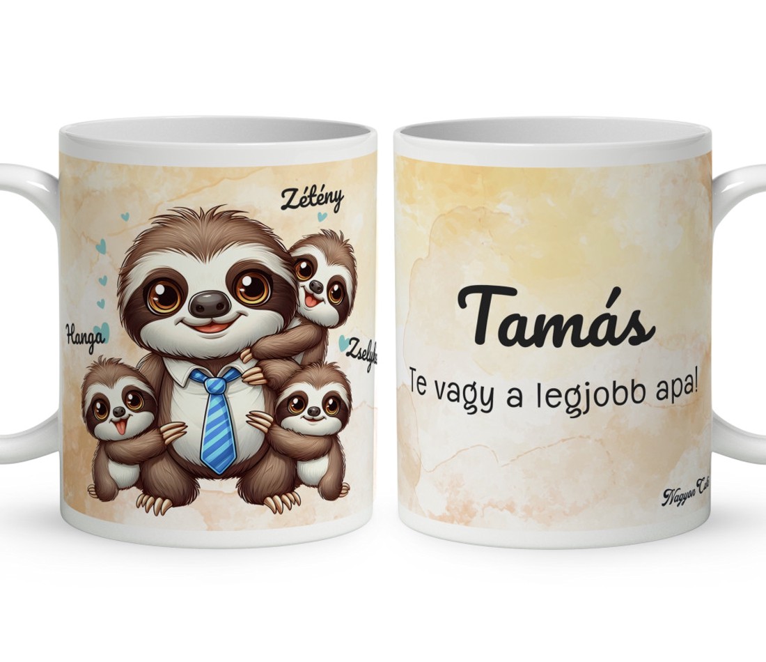 Névvel kérhető - Nyakkendős Cuki lajhár Apa és három gyerek mintás bögre - otthon & életmód - konyhafelszerelés, tálalás - tálalás - bögre & csésze - Meska.hu
