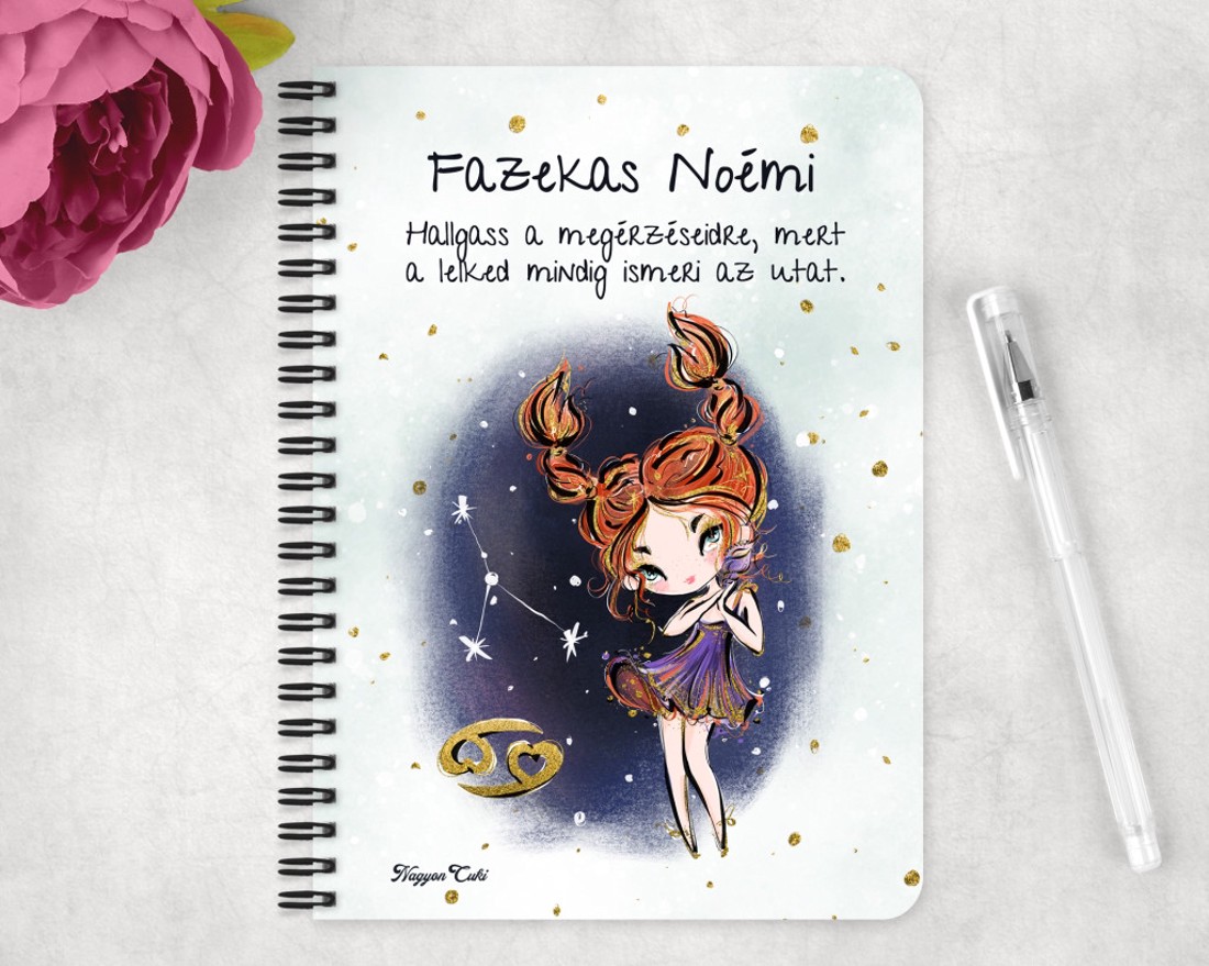 Személyre szabható - Vörös hajú Csini Rák lány mintás A5-ös füzet - otthon & életmód - papír, írószer - jegyzetfüzet & napló - Meska.hu