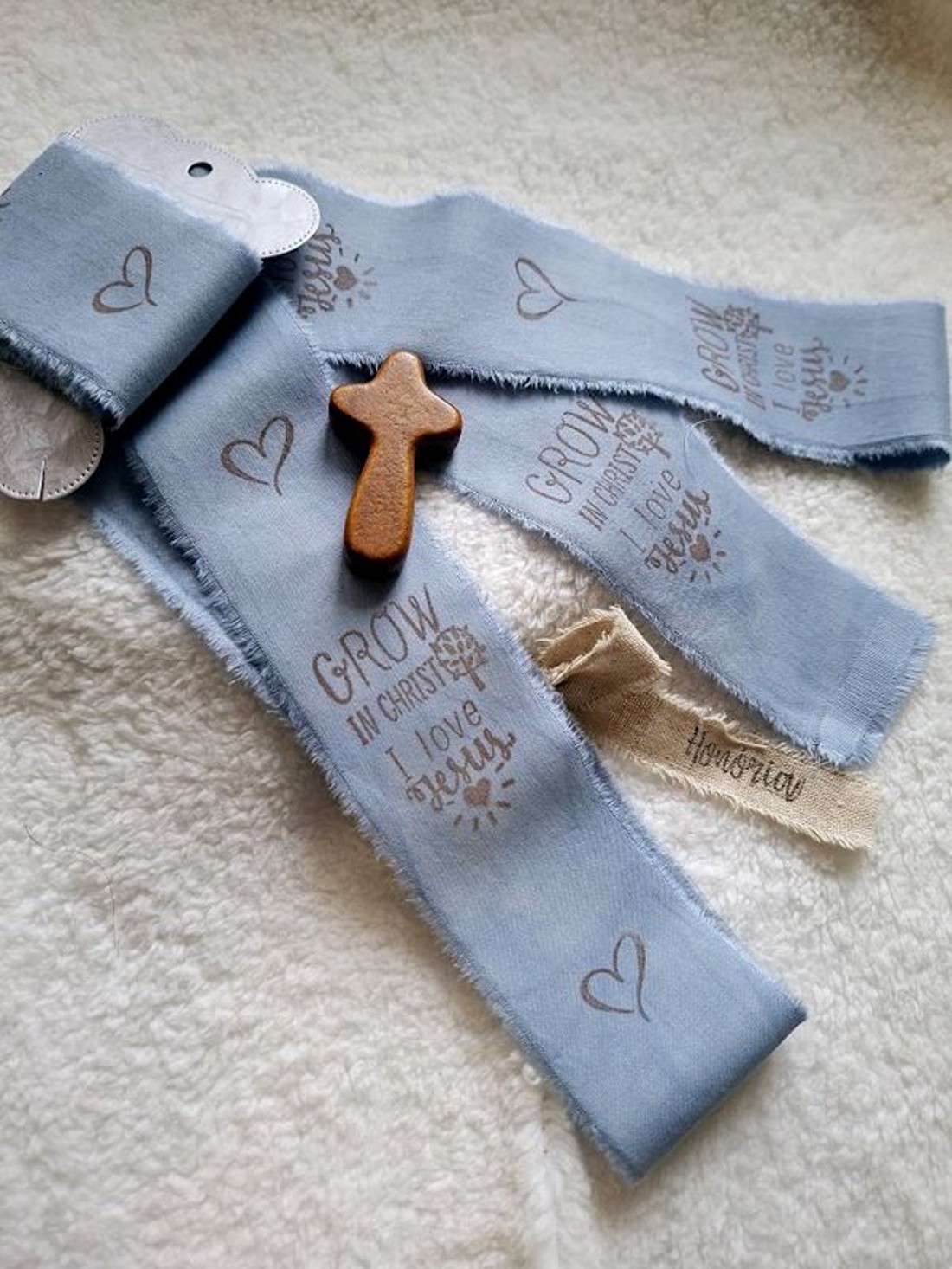 Kézzel festett és bélyegzett, tépett, pamutszalag, Bibliai, igés, felirattal- középkék-024 -  - Meska.hu