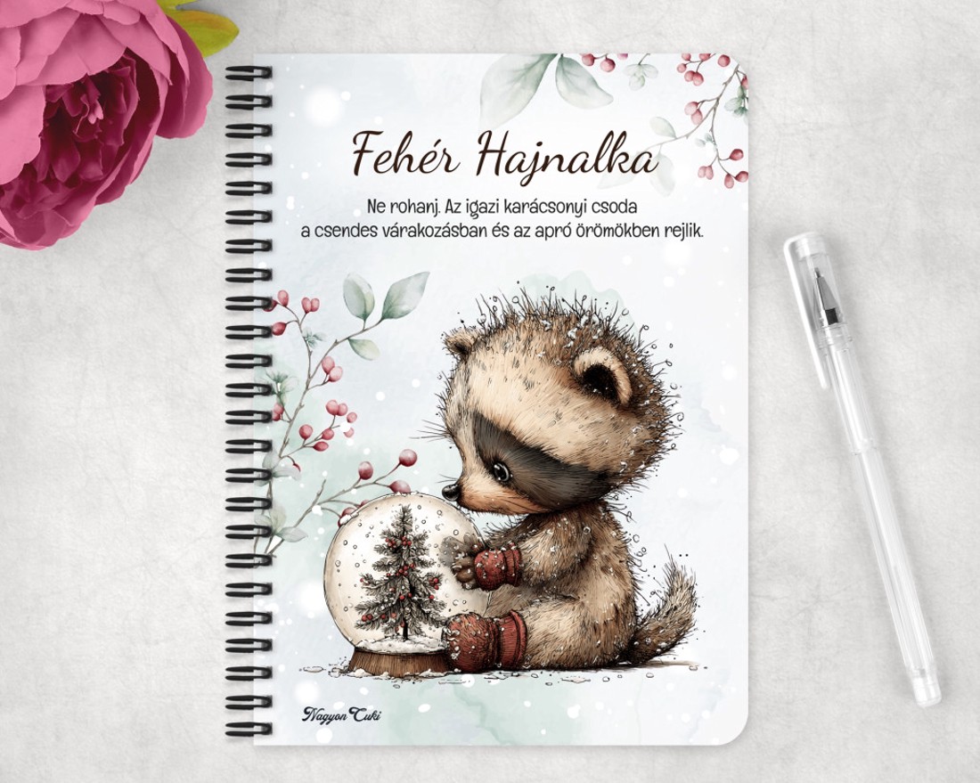 Személyre szabható - Cuki téli mosómedve hógömbbel mintás A5-ös füzet - otthon & életmód - papír, írószer - jegyzetfüzet & napló - Meska.hu