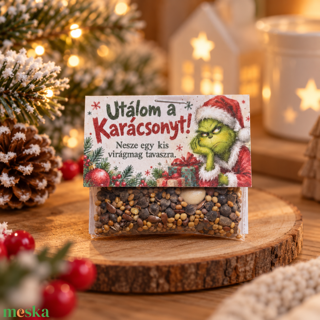 Grinch virágmag -  Utálom a karácsonyt - karácsony - karácsonyi ajándékozás - karácsonyi képeslap, üdvözlőlap, ajándékkísérő - Meska.hu