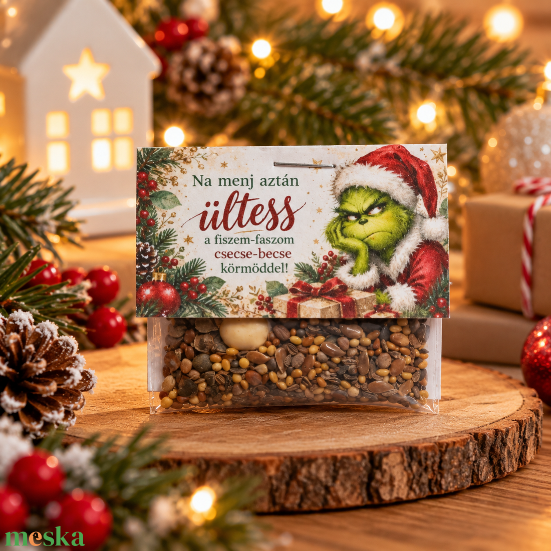 Grinch virágmag  - karácsony - karácsonyi ajándékozás - karácsonyi képeslap, üdvözlőlap, ajándékkísérő - Meska.hu