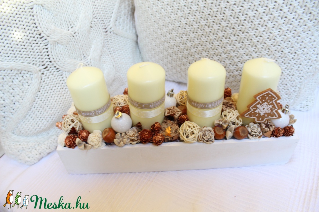Beige-bronz,adventi doboz, karácsonyi dekoráció, asztaldísz, adventi koszorú -  - Meska.hu