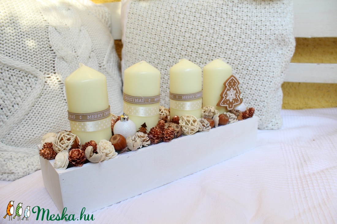 Beige-bronz,adventi doboz, karácsonyi dekoráció, asztaldísz, adventi koszorú -  - Meska.hu