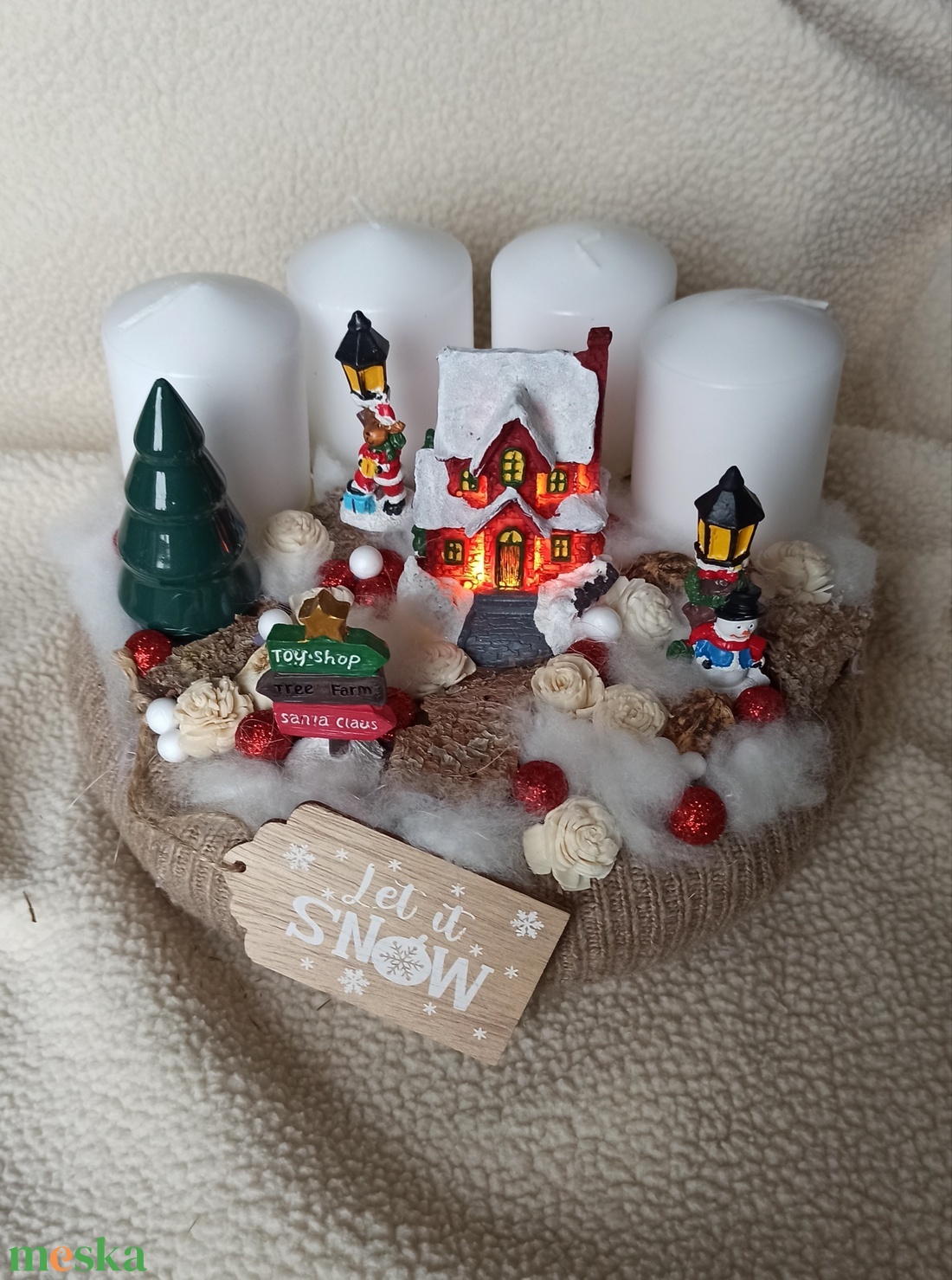 Havas táj -Adventi koszorú világító házikóval - karácsony - adventi díszek - adventi koszorú - Meska.hu