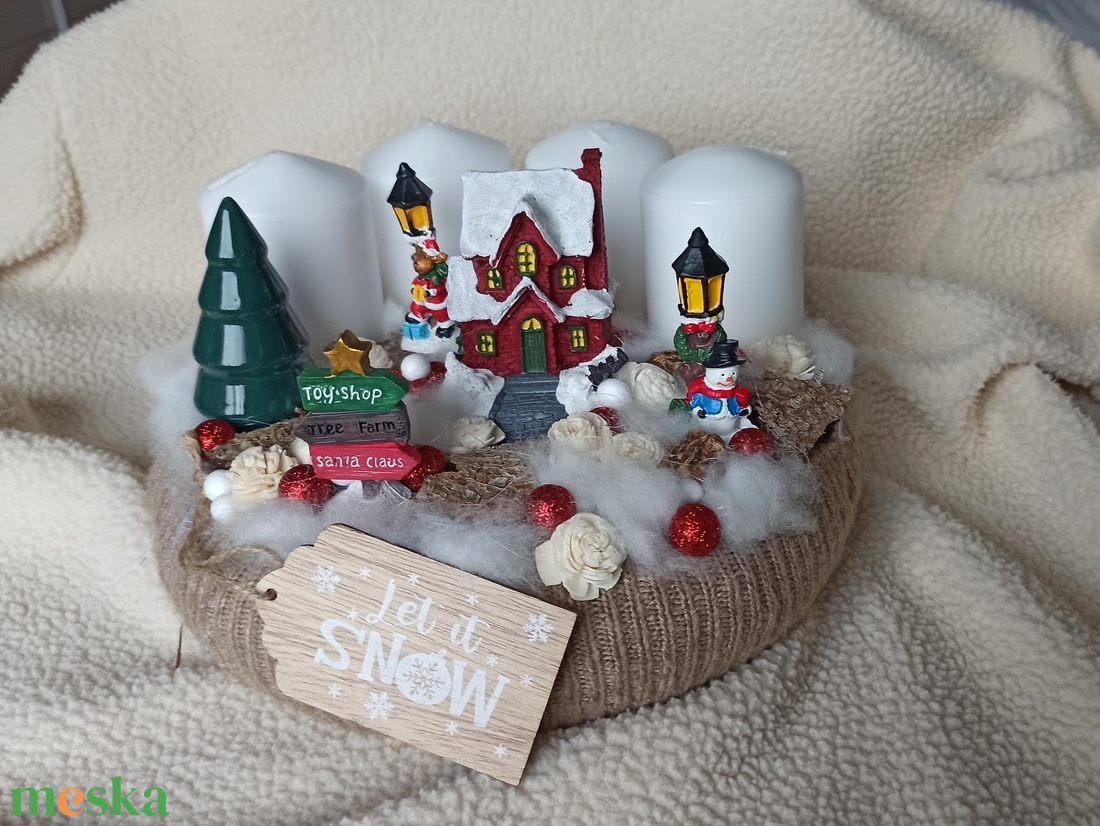 Havas táj -Adventi koszorú világító házikóval - karácsony - adventi díszek - adventi koszorú - Meska.hu