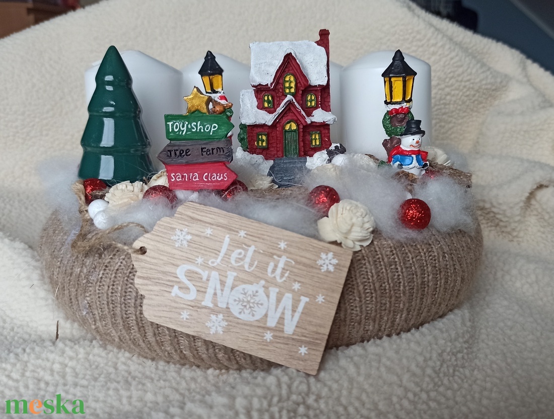 Havas táj -Adventi koszorú világító házikóval - karácsony - adventi díszek - adventi koszorú - Meska.hu