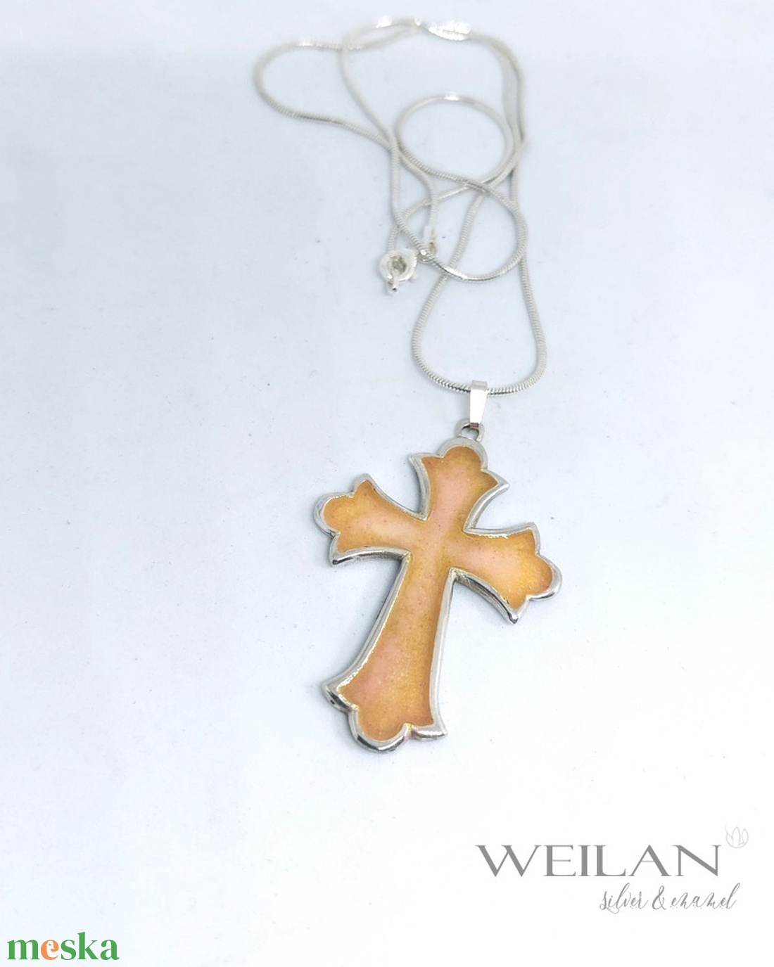 Kereszt - ezüst tűzzománc ékszer, medál (barackvirág színű) - otthon & életmód - vallás - kereszt - Meska.hu