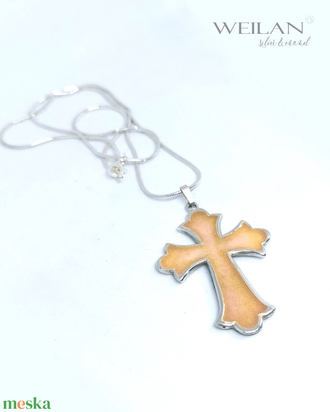 Kereszt - ezüst tűzzománc ékszer, medál (barackvirág színű) - otthon & életmód - vallás - kereszt - Meska.hu