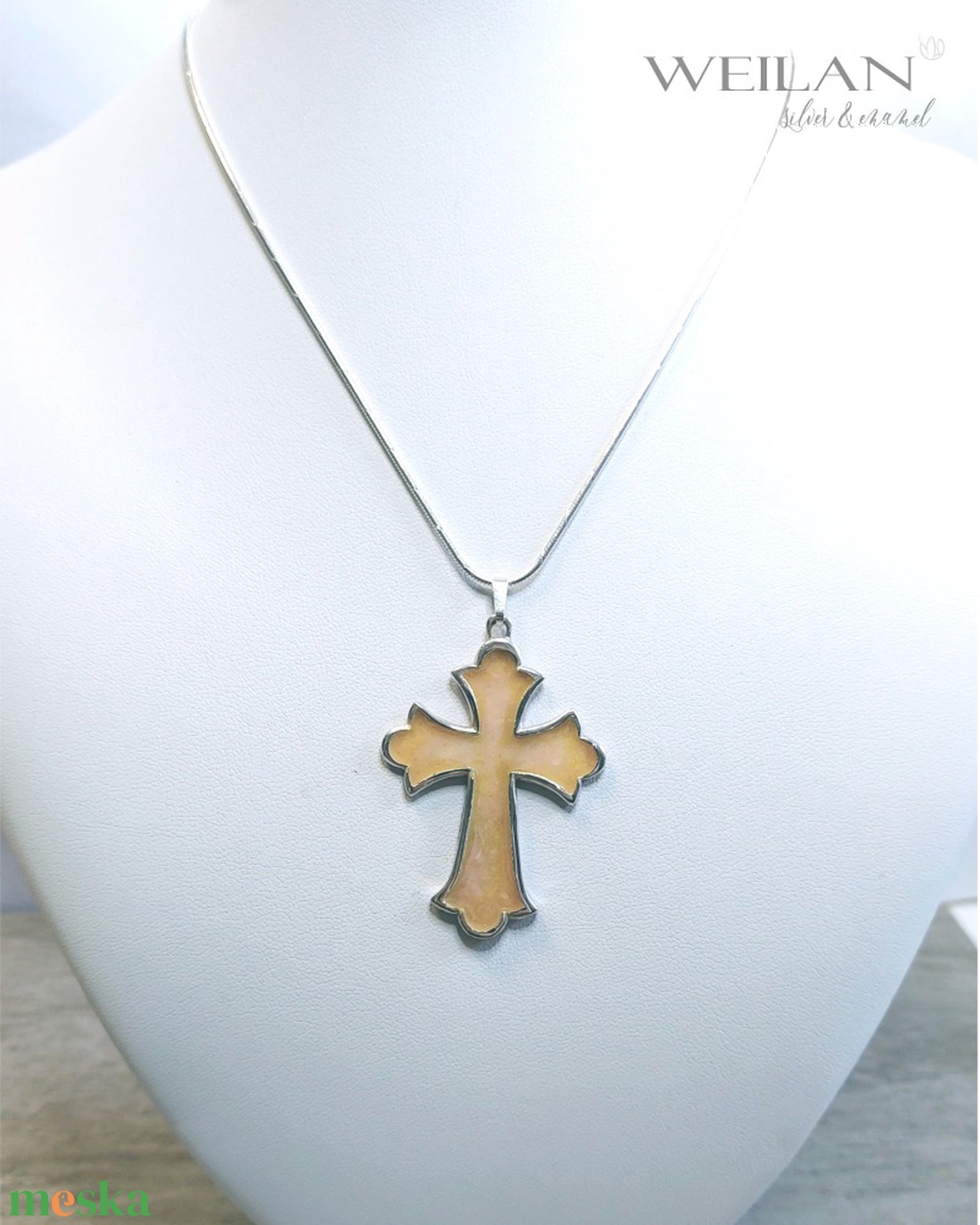 Kereszt - ezüst tűzzománc ékszer, medál (barackvirág színű) - otthon & életmód - vallás - kereszt - Meska.hu