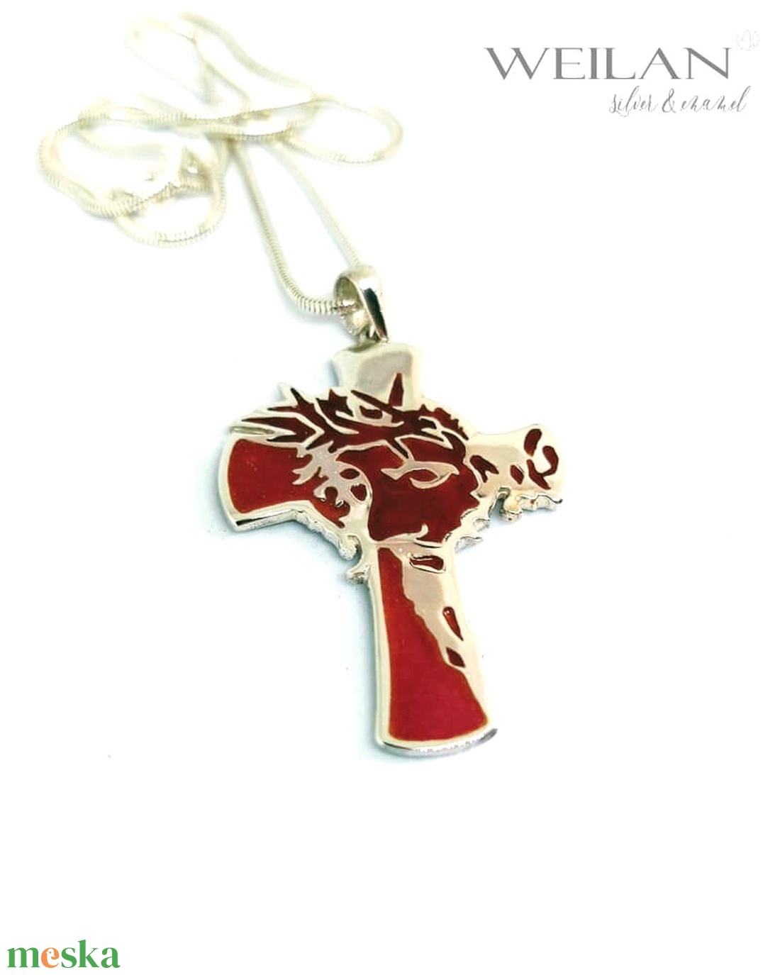 Krisztus arca, ezüst tűzzománc kereszt medál, tűzzománc feszület, piros - otthon & életmód - vallás - kereszt - Meska.hu