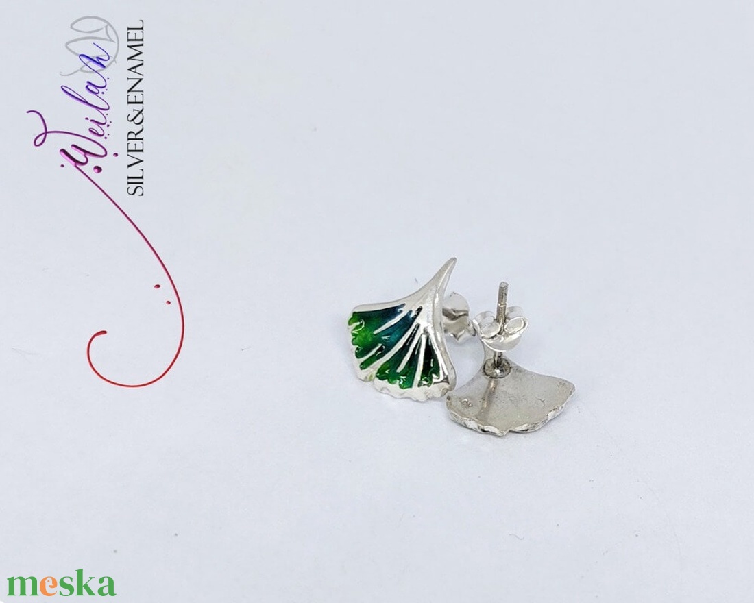 Leaf - Ginkgo Biloba - tűzzománc ezüst stiftes fülbevaló, smaragdzöld - ékszer - fülbevaló - pötty fülbevaló - Meska.hu