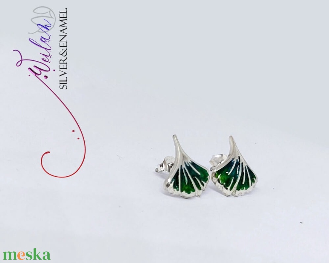 Leaf - Ginkgo Biloba - tűzzománc ezüst stiftes fülbevaló, smaragdzöld - ékszer - fülbevaló - pötty fülbevaló - Meska.hu