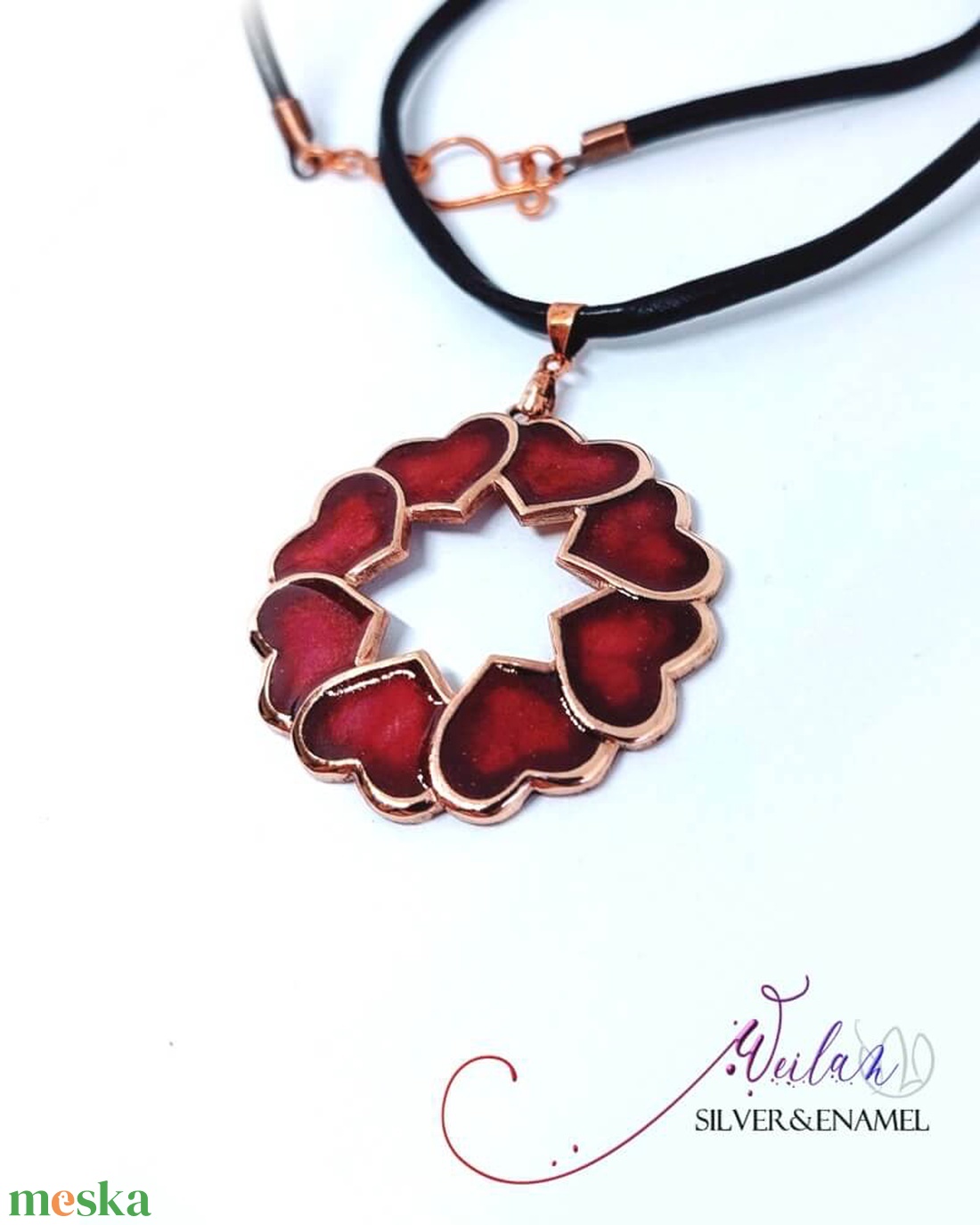 my Valentine - Szívkoszorú bronz tűzzománc medál, piros - ékszer - nyaklánc - medálos nyaklánc - Meska.hu