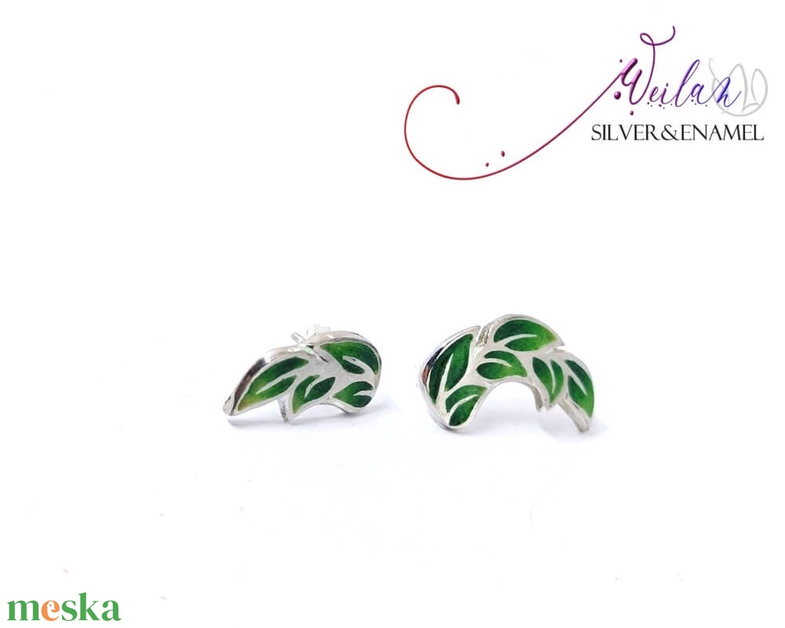 Leaf - Laurus / Babér aszimmetrikus ezüst tűzzománc fülbevaló, zöld - ékszer - fülbevaló - pötty fülbevaló - Meska.hu