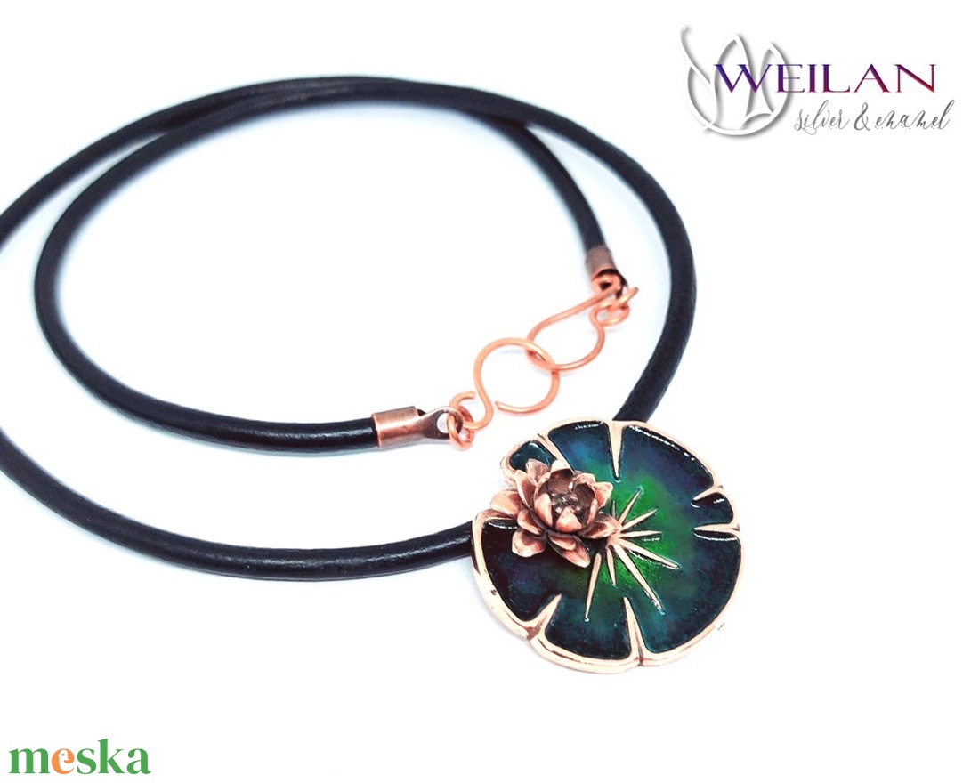 Leaf - Nymphaea / Tündérrózsa bronz tűzzománc medál, zöld - ékszer - nyaklánc - medálos nyaklánc - Meska.hu