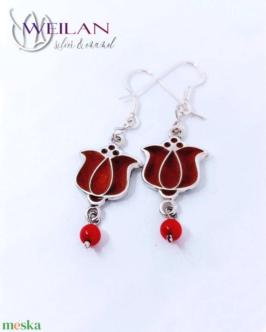  Tradició - Matyó - Tulipán ezüst tűzzománc fülbevaló, piros - ékszer - fülbevaló - lógó fülbevaló - Meska.hu