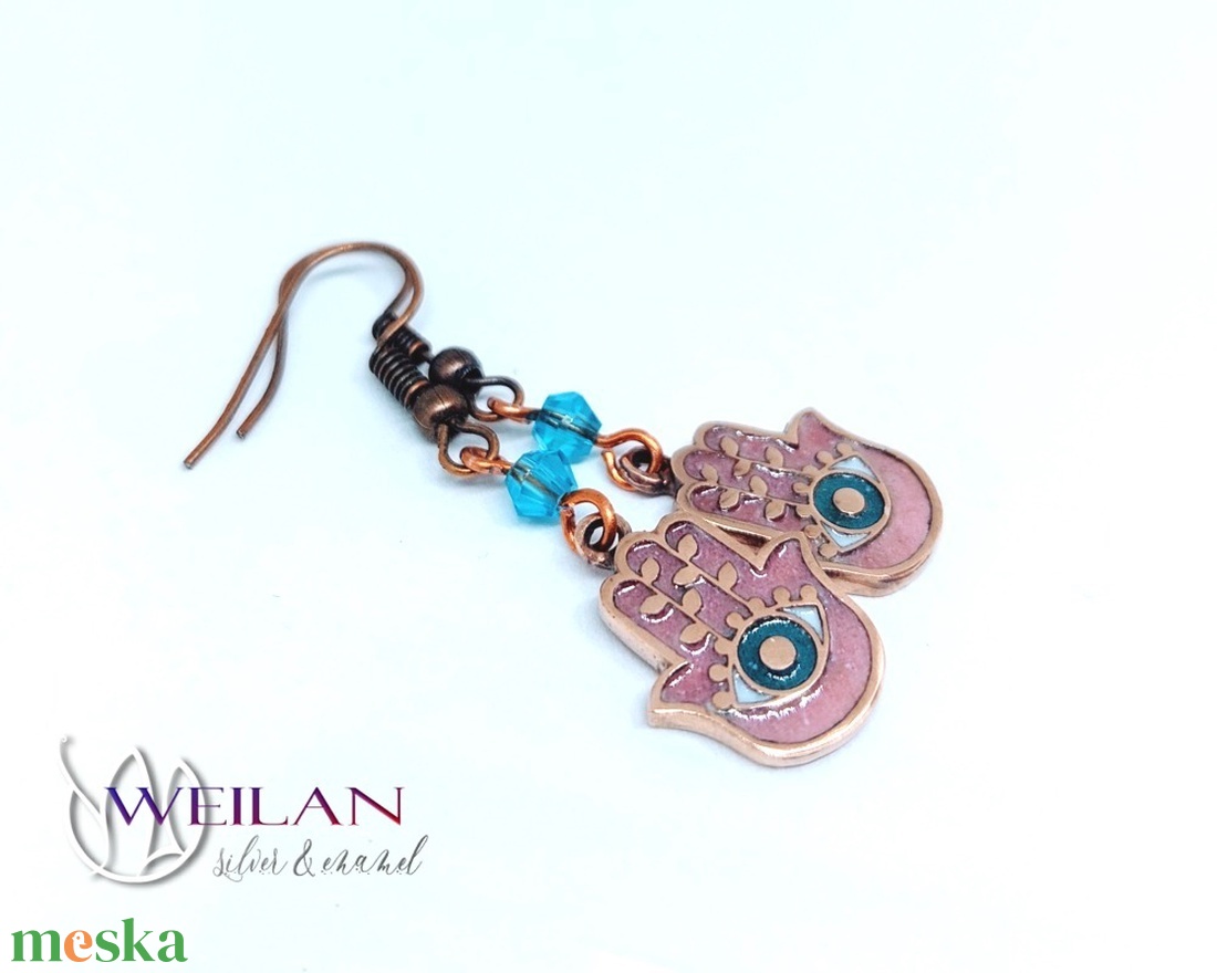 Nirvána - Hamsza, Fatima keze bronz tűzzománc fülbevaló, rózsaszín-pink - ékszer - fülbevaló - lógó fülbevaló - Meska.hu