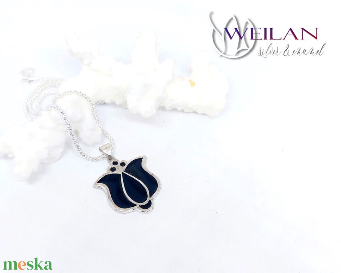 Tradició - Matyó - Tulipán ezüst tűzzománc medál, fekete - ékszer - nyaklánc - medál - Meska.hu