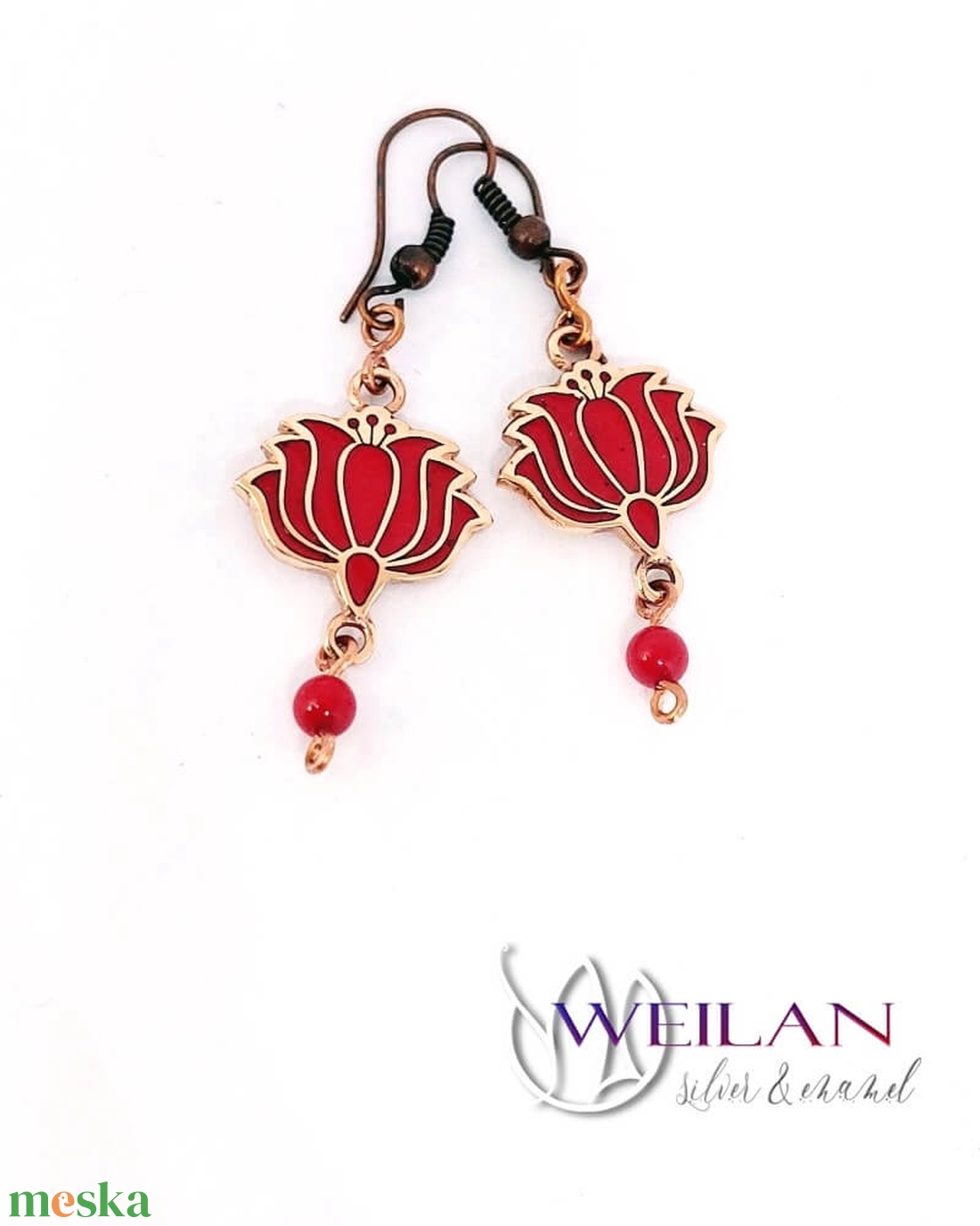 Tradició - Kalocsai - Tulipán bronz tűzzománc fülbevaló, piros - ékszer - fülbevaló - lógó fülbevaló - Meska.hu