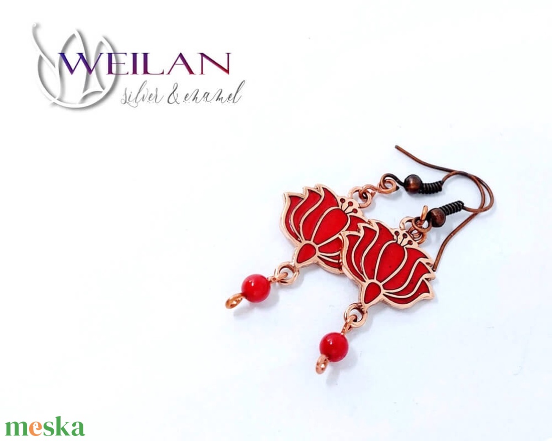 Tradició - Kalocsai - Tulipán bronz tűzzománc fülbevaló, piros - ékszer - fülbevaló - lógó fülbevaló - Meska.hu