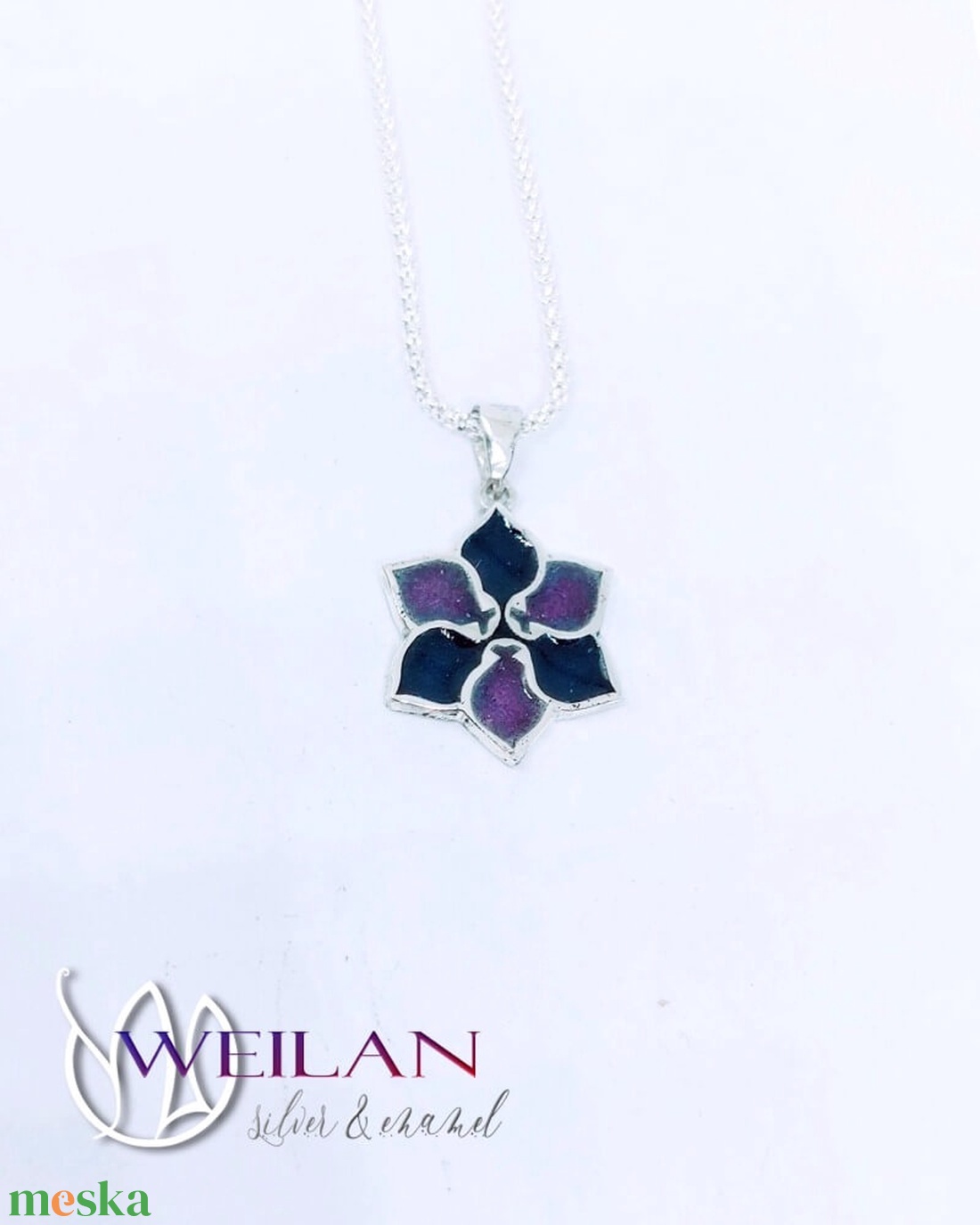 Ezüst Flora - Clematis tűzzománc medál, lila-türkizkék - ékszer - nyaklánc - medál - Meska.hu