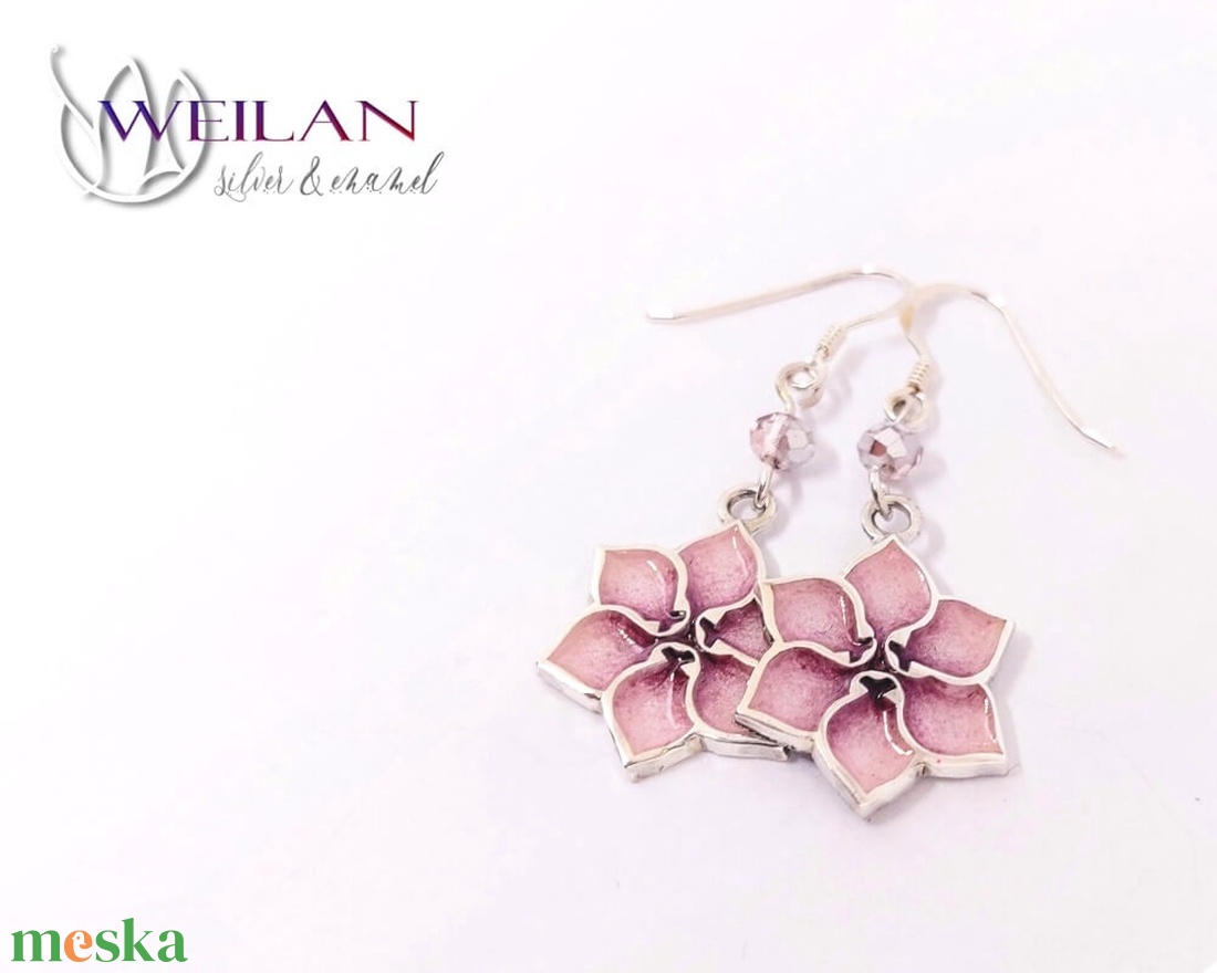 Ezüst Flora - Clematis tűzzománc fülbevaló, rózsaszín-pink - ékszer - fülbevaló - lógó fülbevaló - Meska.hu