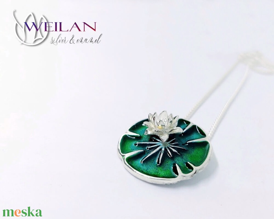Leaf - Nymphaea / Tündérrózsa ezüst tűzzománc medál, zöld - ékszer - nyaklánc - medál - Meska.hu