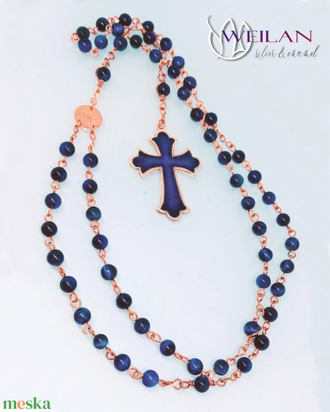 Rózsafüzér bronz, türkizkék tűzzománc kereszttel, kék tigrisszem ásványgyöngyökből - otthon & életmód - vallás - lánc & füzér - Meska.hu