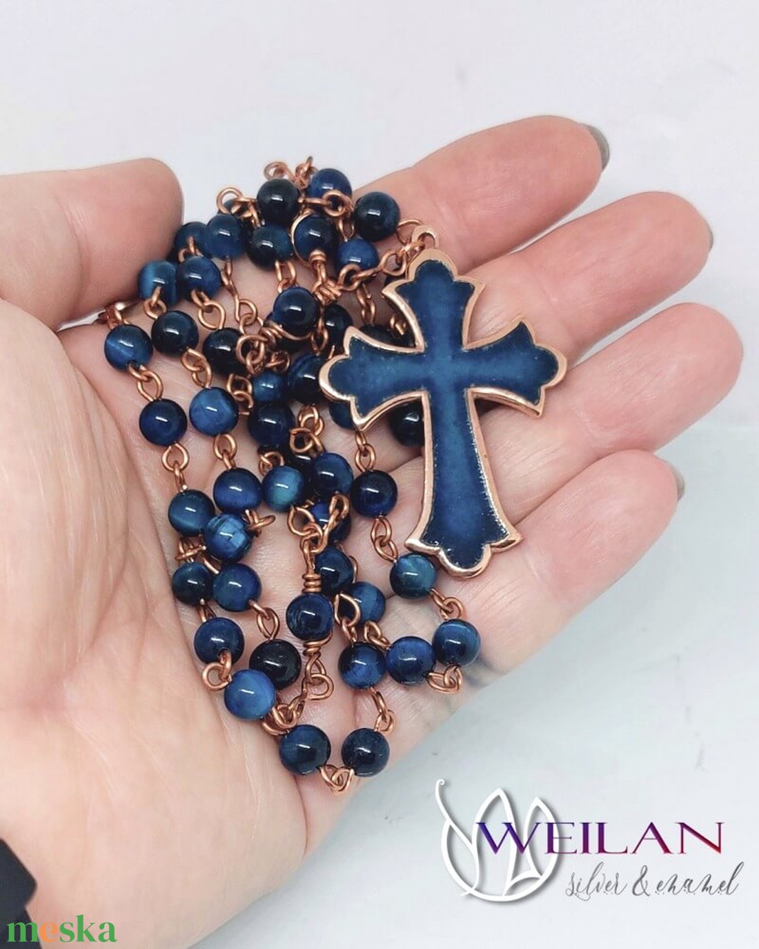 Rózsafüzér bronz, türkizkék tűzzománc kereszttel, kék tigrisszem ásványgyöngyökből - otthon & életmód - vallás - lánc & füzér - Meska.hu