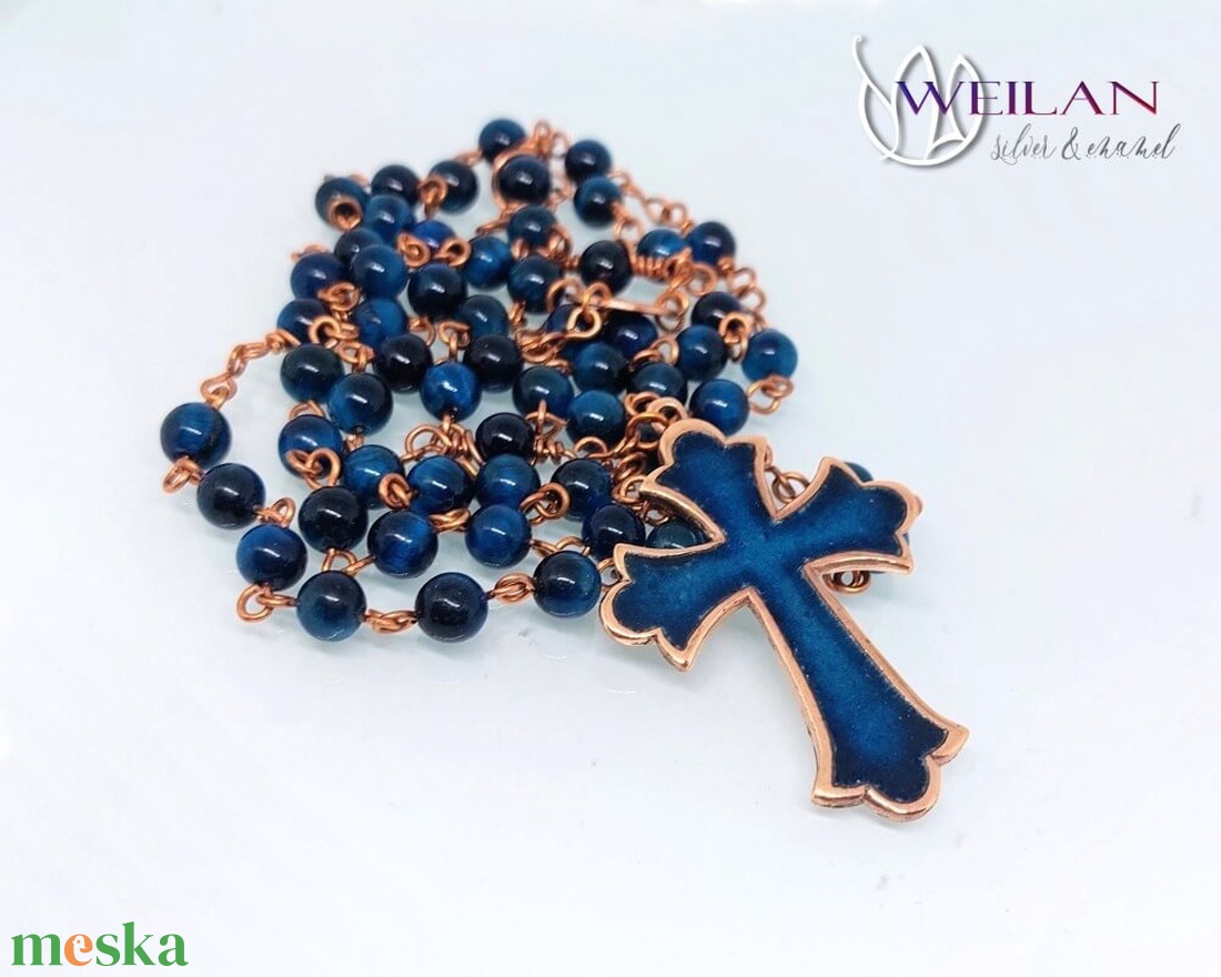 Rózsafüzér bronz, türkizkék tűzzománc kereszttel, kék tigrisszem ásványgyöngyökből - otthon & életmód - vallás - lánc & füzér - Meska.hu