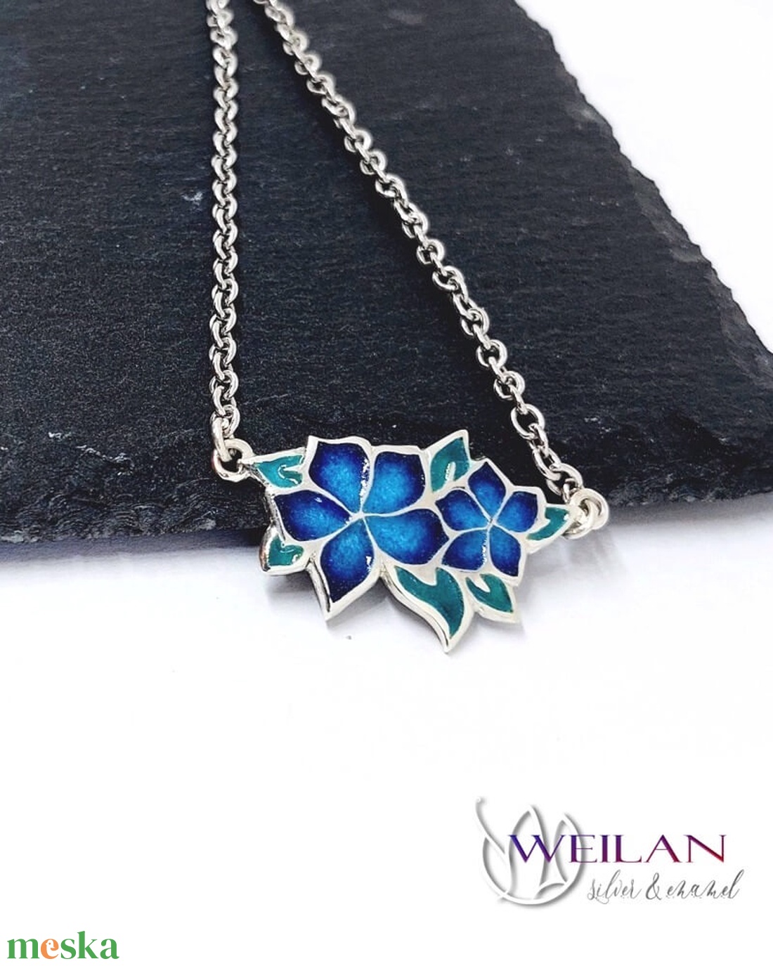 Flora - Nefelejcs ezüst, tűzzománc nyakék, ezüst láncon - kék - ékszer - nyaklánc - medálos nyaklánc - Meska.hu