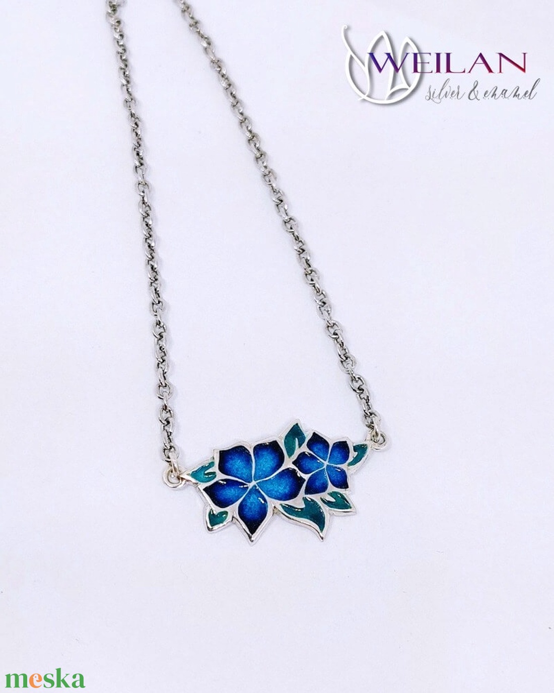 Flora - Nefelejcs ezüst, tűzzománc nyakék, ezüst láncon - kék - ékszer - nyaklánc - medálos nyaklánc - Meska.hu