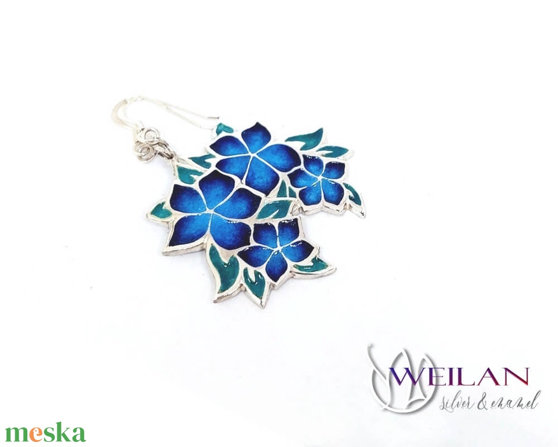 Flora - Nefelejcs ezüst, tűzzománc fülbevaló - kék - ékszer - fülbevaló - lógó fülbevaló - Meska.hu