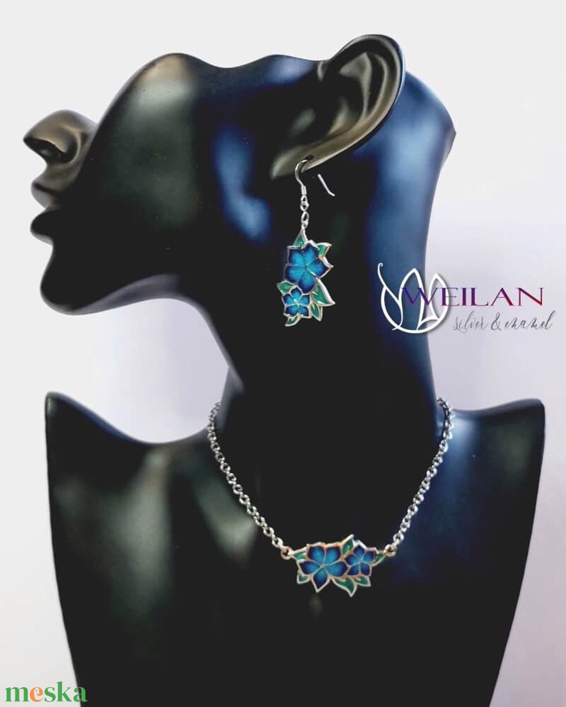 Flora - Nefelejcs ezüst, tűzzománc fülbevaló - kék - ékszer - fülbevaló - lógó fülbevaló - Meska.hu