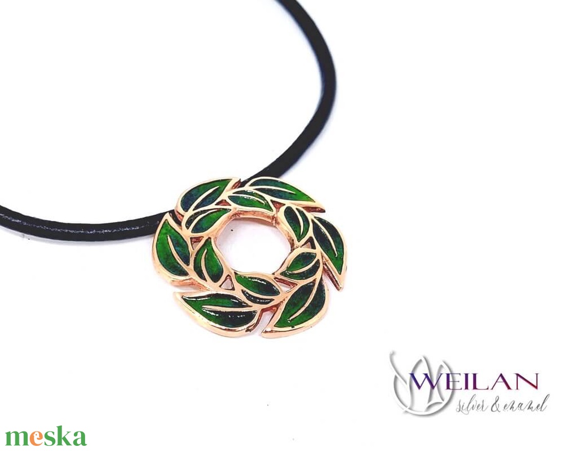 Leaf - Laurus / Babér bronz tűzzománc medál, zöld - ékszer - nyaklánc - medálos nyaklánc - Meska.hu