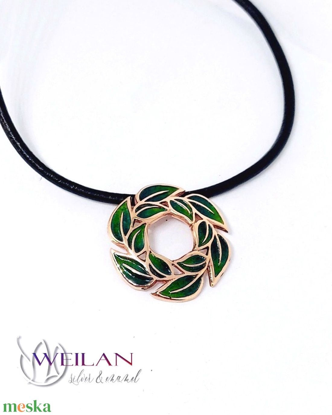 Leaf - Laurus / Babér bronz tűzzománc medál, zöld - ékszer - nyaklánc - medálos nyaklánc - Meska.hu