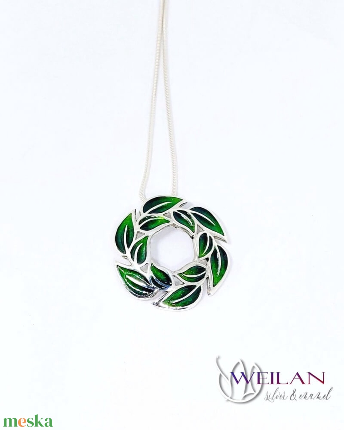 Leaf - Laurus / Babér ezüst tűzzománc medál, zöld - ékszer - nyaklánc - medál - Meska.hu