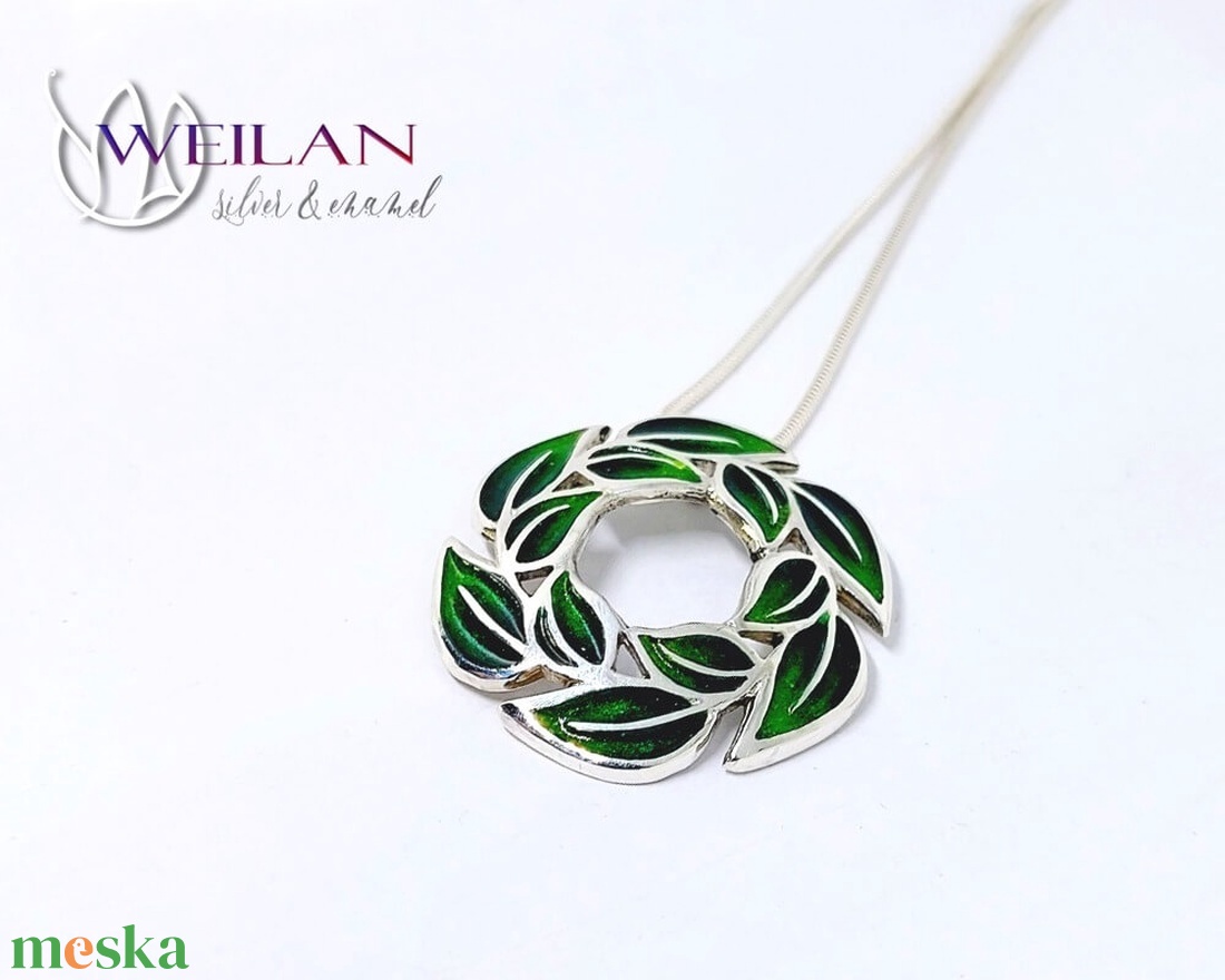 Leaf - Laurus / Babér ezüst tűzzománc medál, zöld - ékszer - nyaklánc - medál - Meska.hu