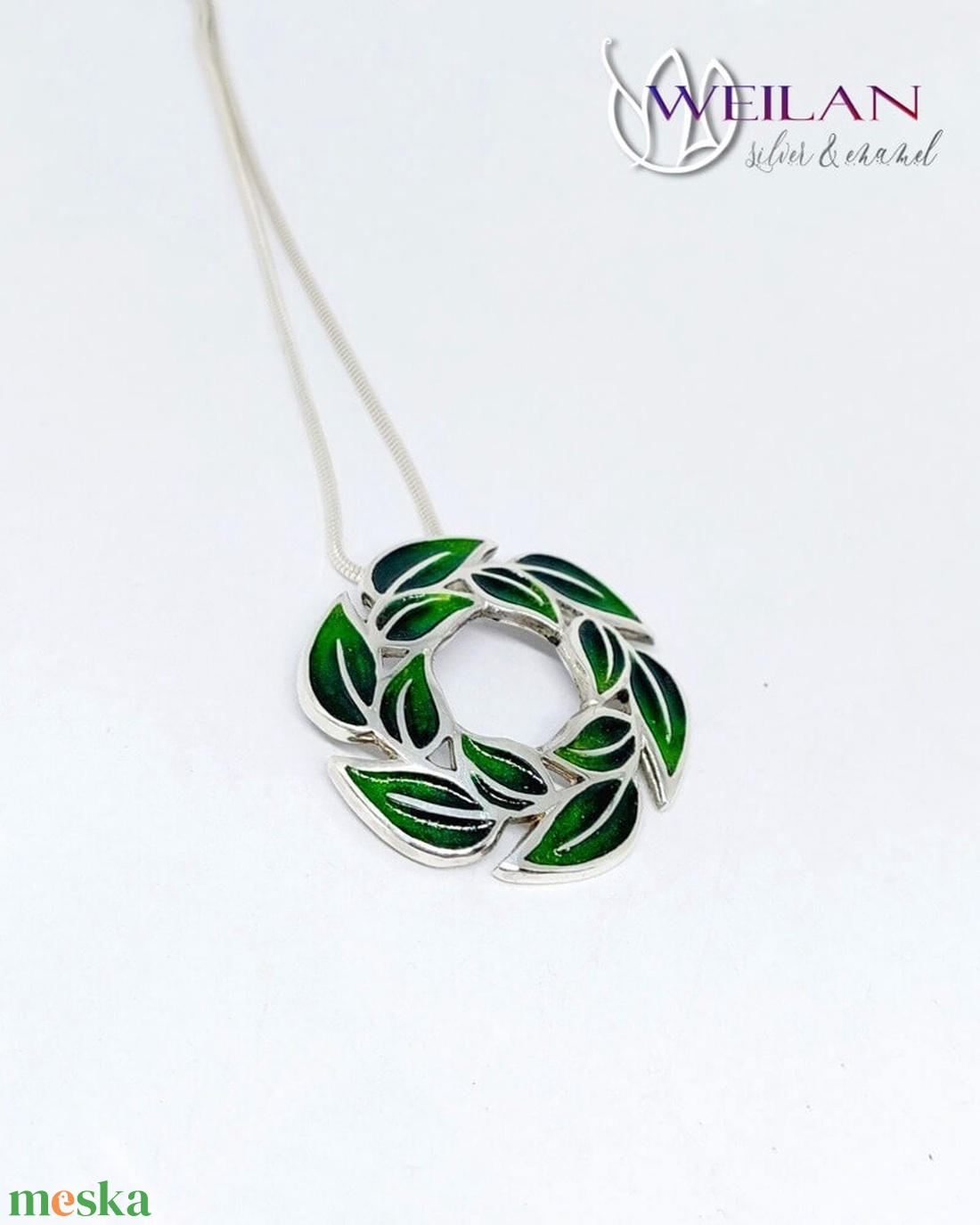 Leaf - Laurus / Babér ezüst tűzzománc medál, zöld - ékszer - nyaklánc - medál - Meska.hu