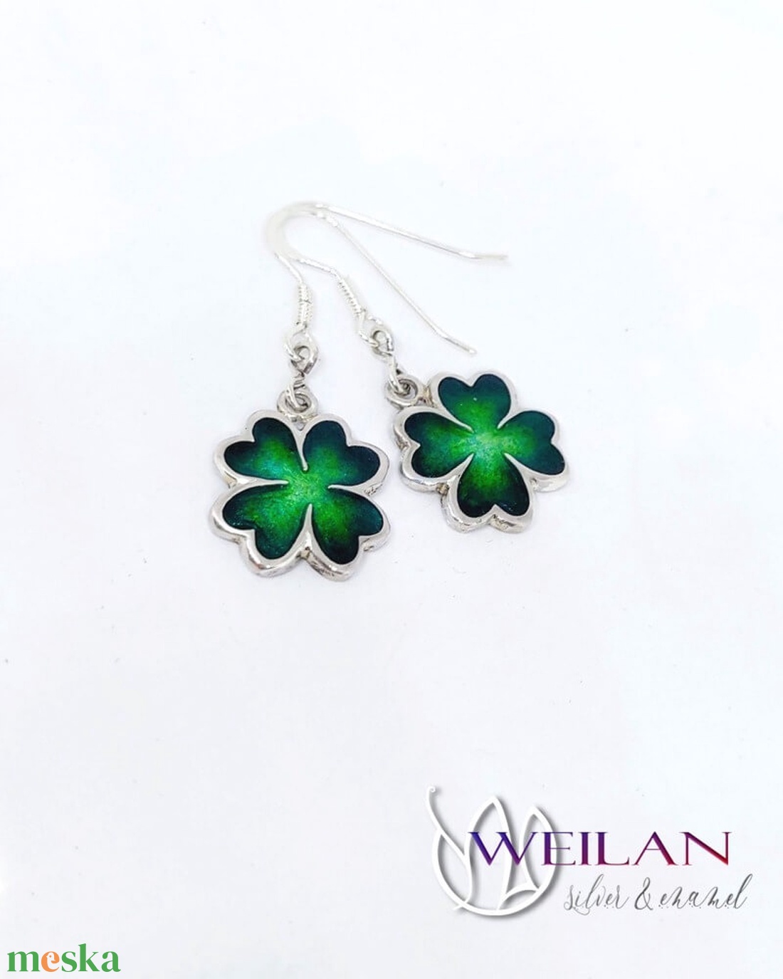 Négylevelű lóhere ezüst tűzzománc fülbevaló, zöld  - ékszer - fülbevaló - lógó fülbevaló - Meska.hu