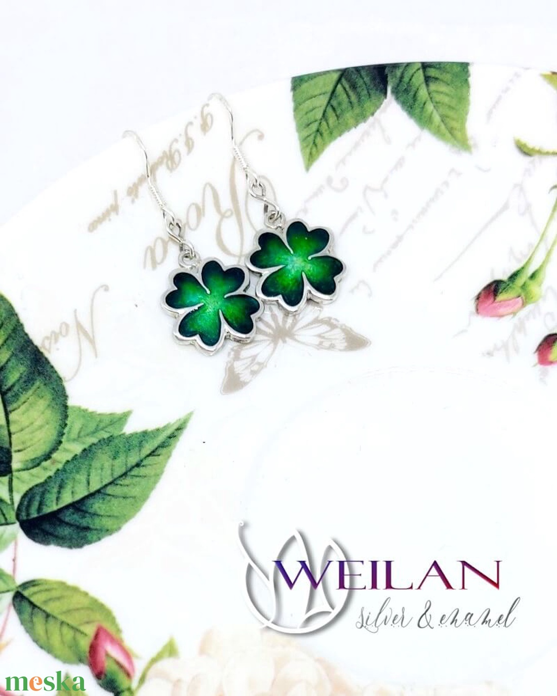 Négylevelű lóhere ezüst tűzzománc fülbevaló, zöld  - ékszer - fülbevaló - lógó fülbevaló - Meska.hu