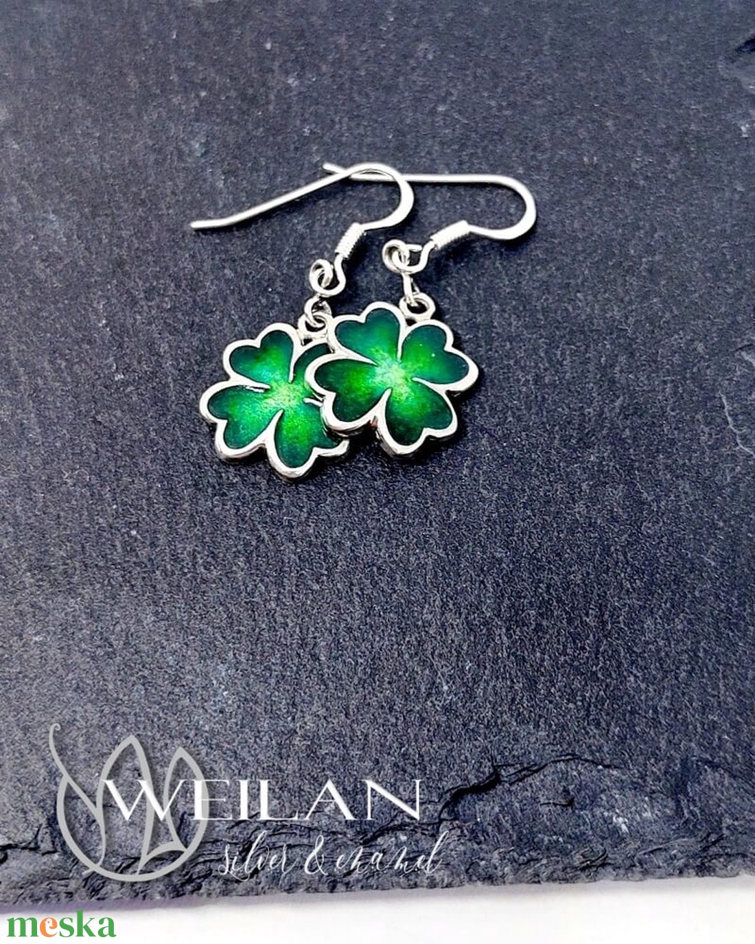 Négylevelű lóhere ezüst tűzzománc fülbevaló, zöld  - ékszer - fülbevaló - lógó fülbevaló - Meska.hu