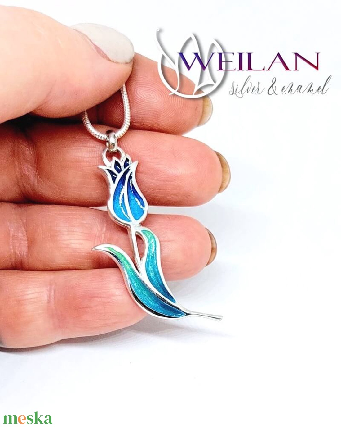 Hej'tulipán - Virágszálam ezüst tűzzománc medál kék-zöld - ékszer - nyaklánc - medál - Meska.hu