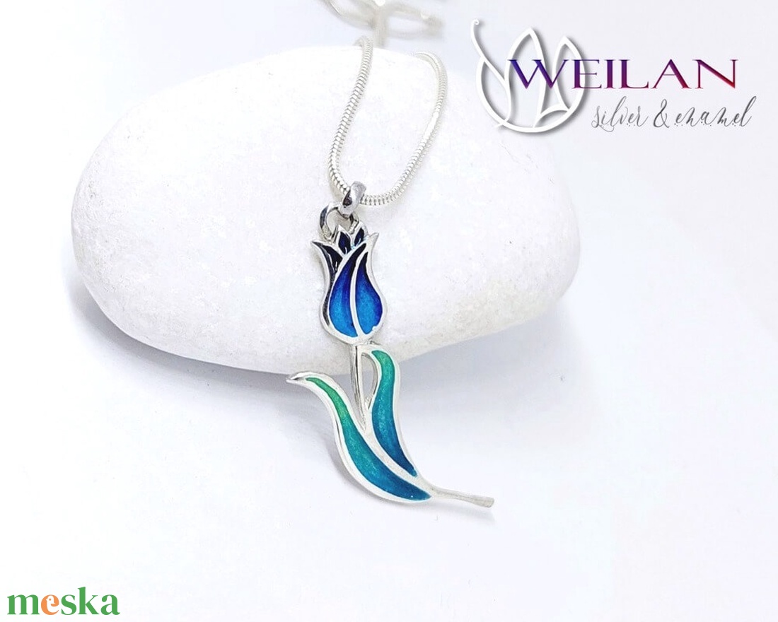 Hej'tulipán - Virágszálam ezüst tűzzománc medál kék-zöld - ékszer - nyaklánc - medál - Meska.hu