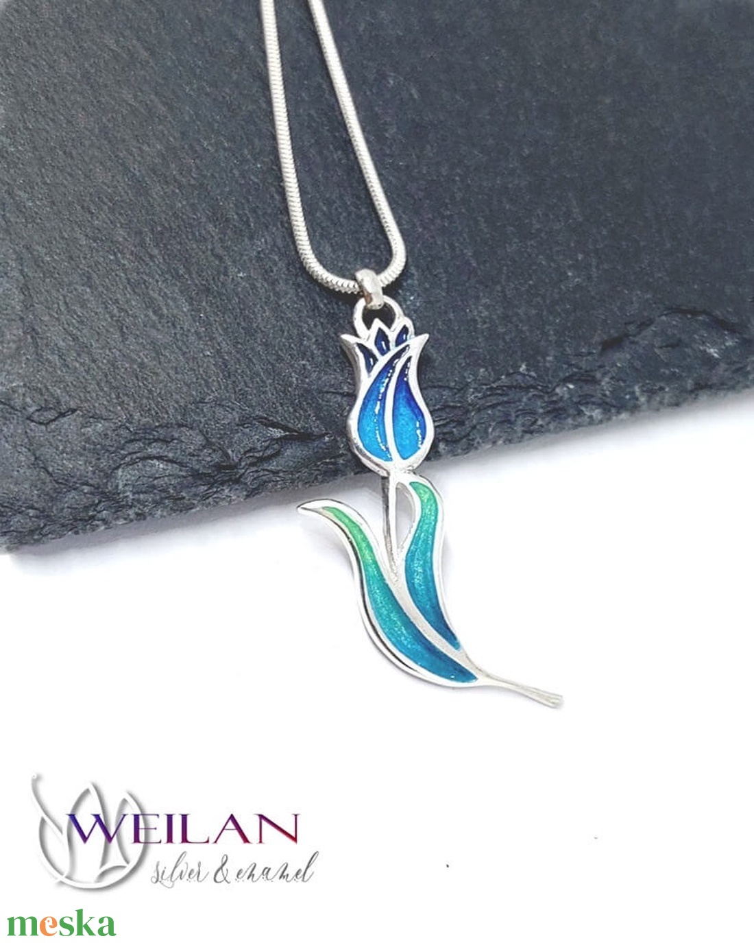 Hej'tulipán - Virágszálam ezüst tűzzománc medál kék-zöld - ékszer - nyaklánc - medál - Meska.hu