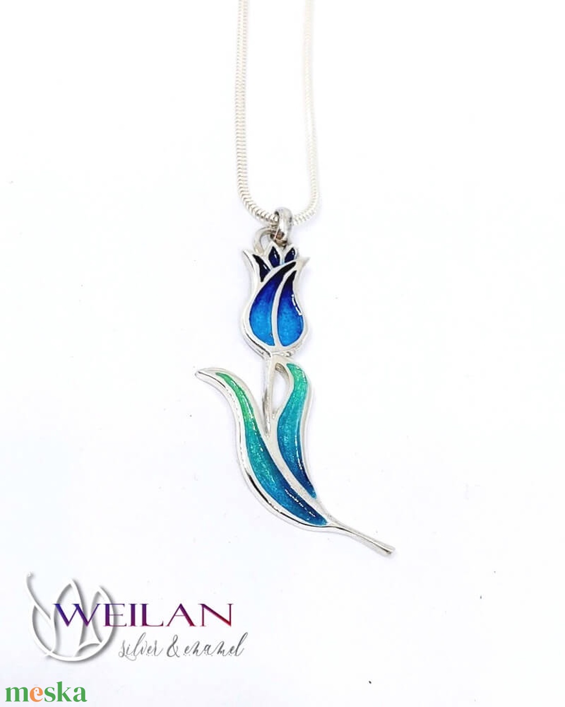 Hej'tulipán - Virágszálam ezüst tűzzománc medál kék-zöld - ékszer - nyaklánc - medál - Meska.hu